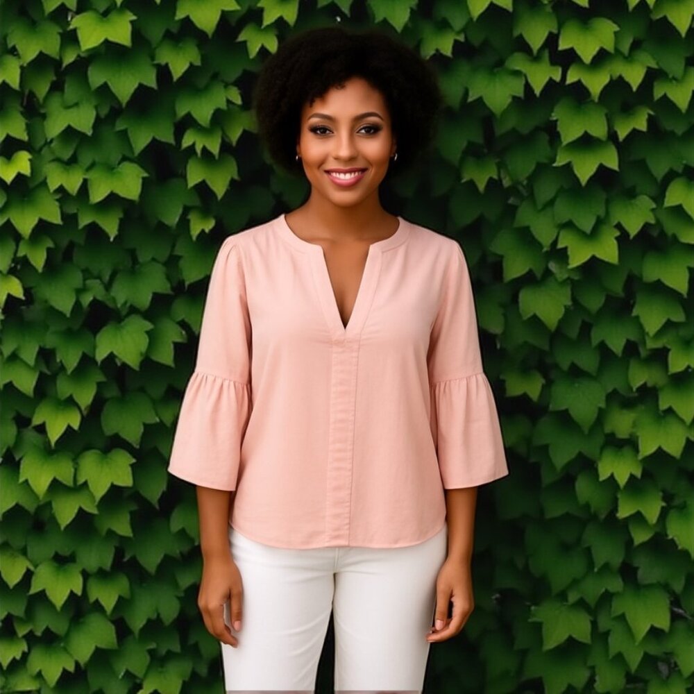 ANN TAYLOR | Pink & White Seersucker Bell Sleeve Tunic Top | (Size Large)